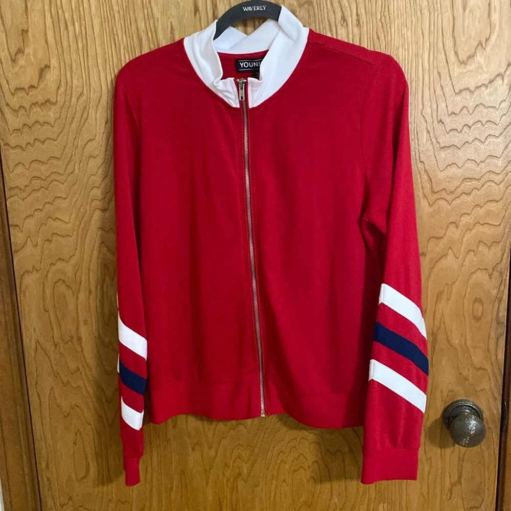 Younique Large Red with blue and white stripes Jacket Poly Rayon Spandex